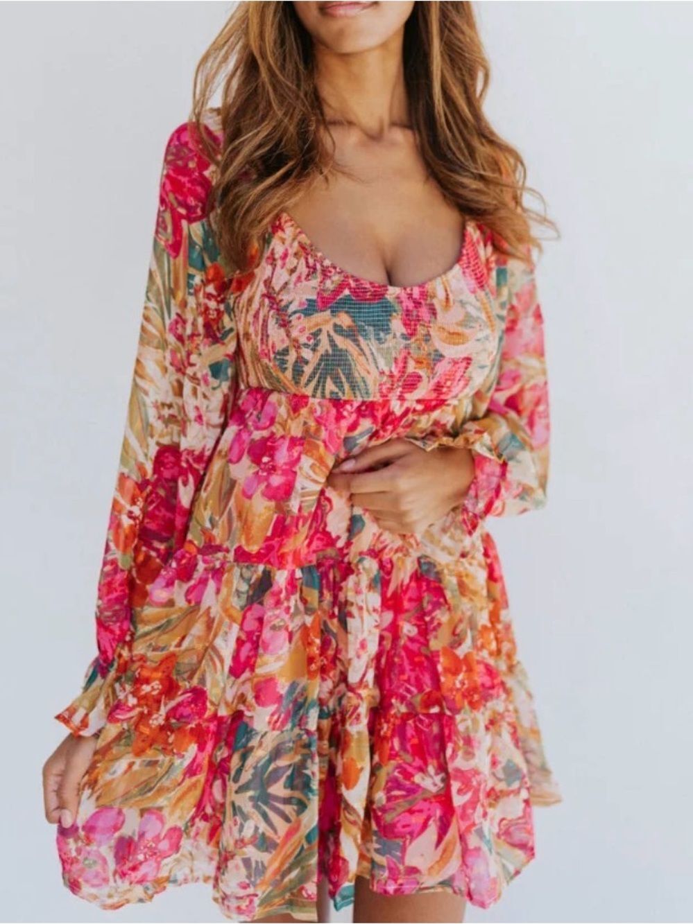 NEW Flying Tomato You’re A Jewel Floral Dress M Smocked Tiered Boho Mini Pink